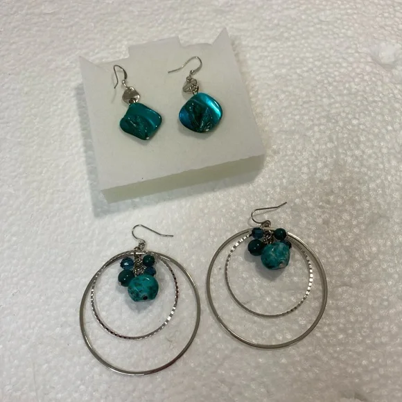 Elegant Silver and Teal Earrings Set ( 2 pairs ) - Picture 3 of 11